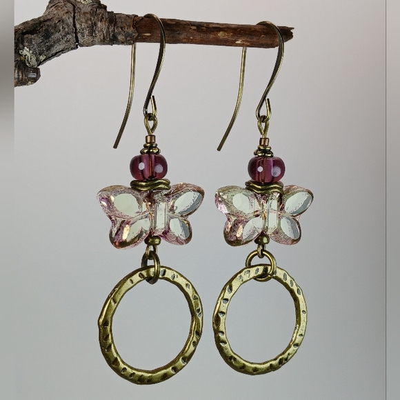 HAND CRAFTED Artisan Glass Green Purple Butterfly Hoop Dangle Earrings - Picture 5 of 7